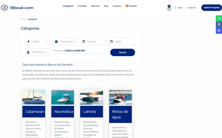Alquiler de barcos: La página de alquiler, con cada categoría de barco.