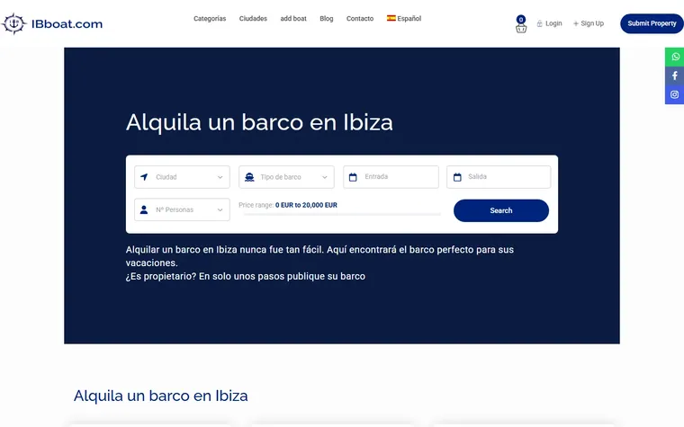 Buscador de barcos: Puerto, tipo de barco, fechas y precio, en la primera pantalla.