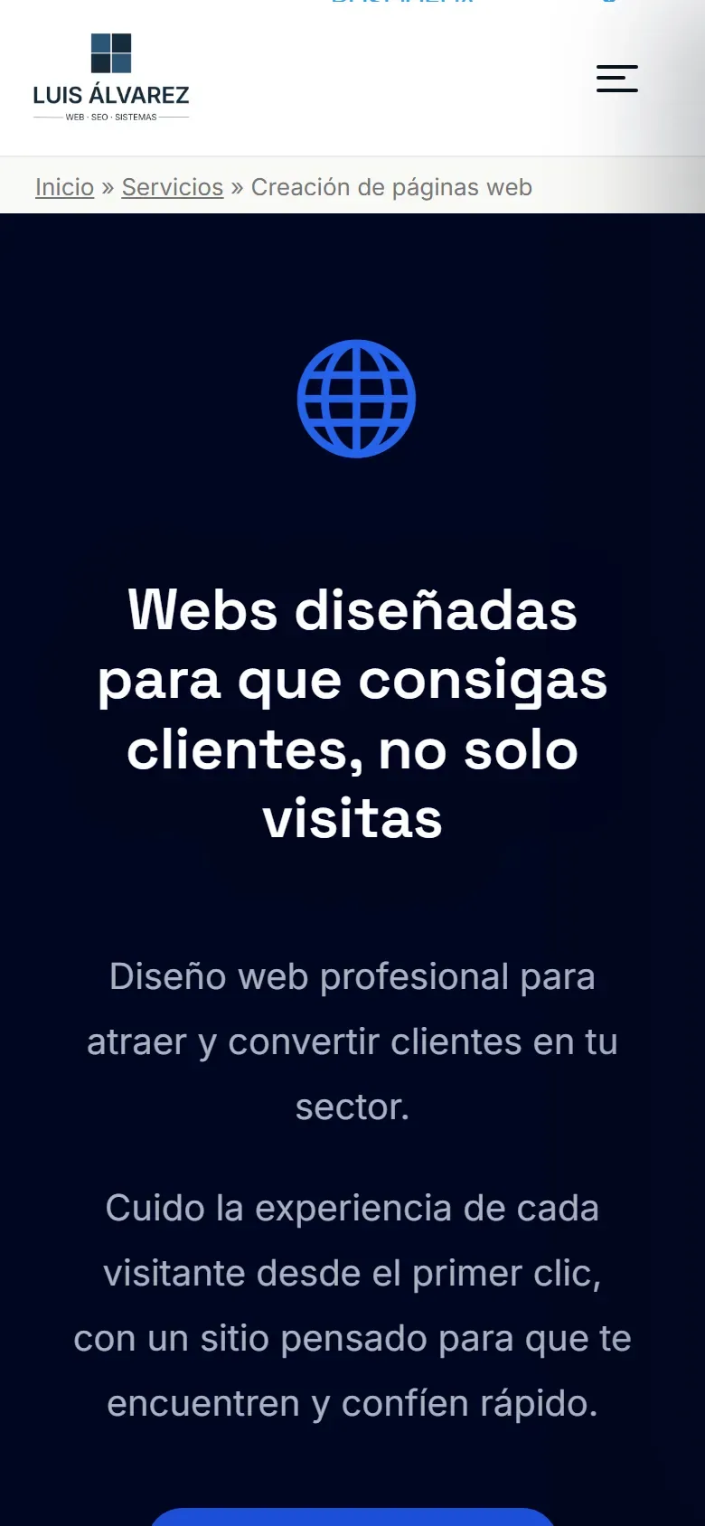 Antes: la página de diseño web en el móvil