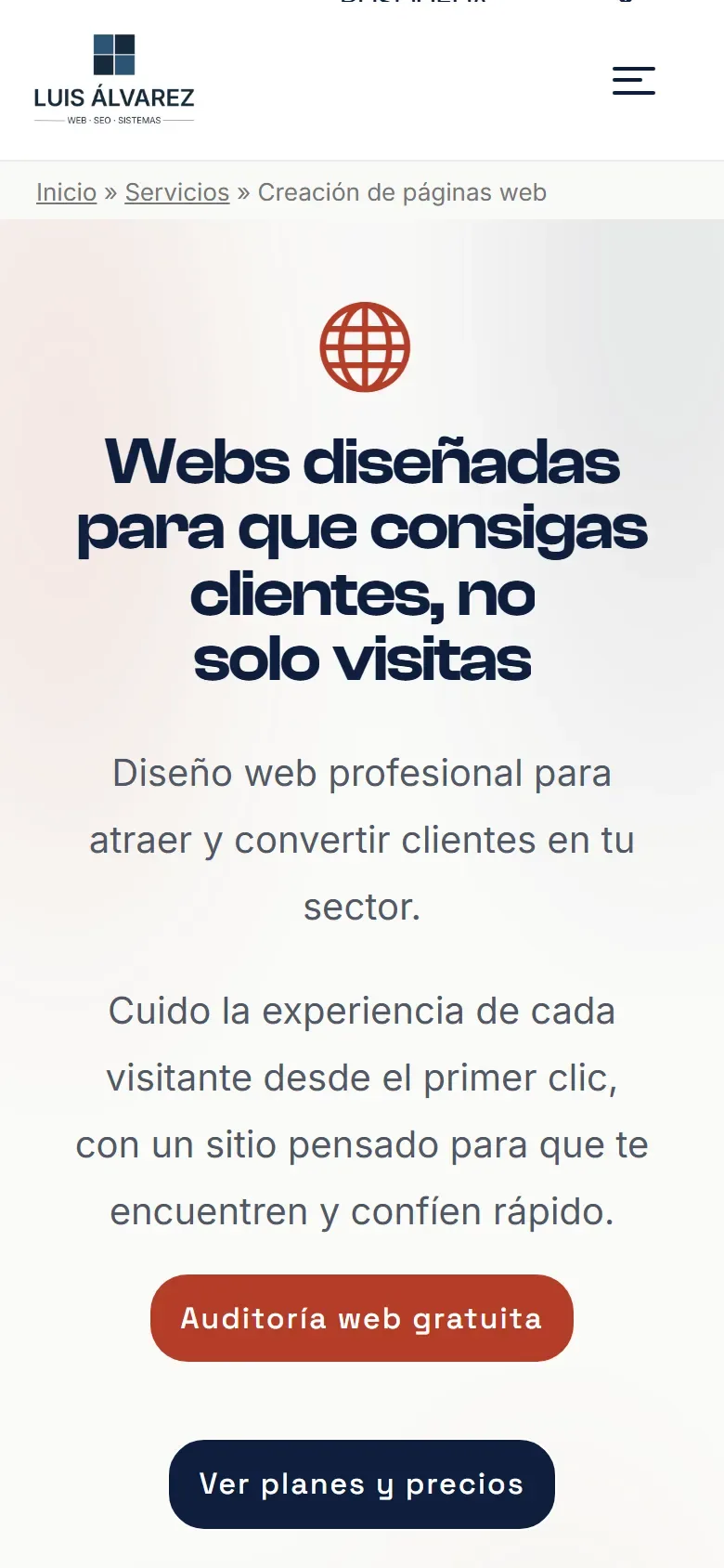Después: la página de diseño web en el móvil